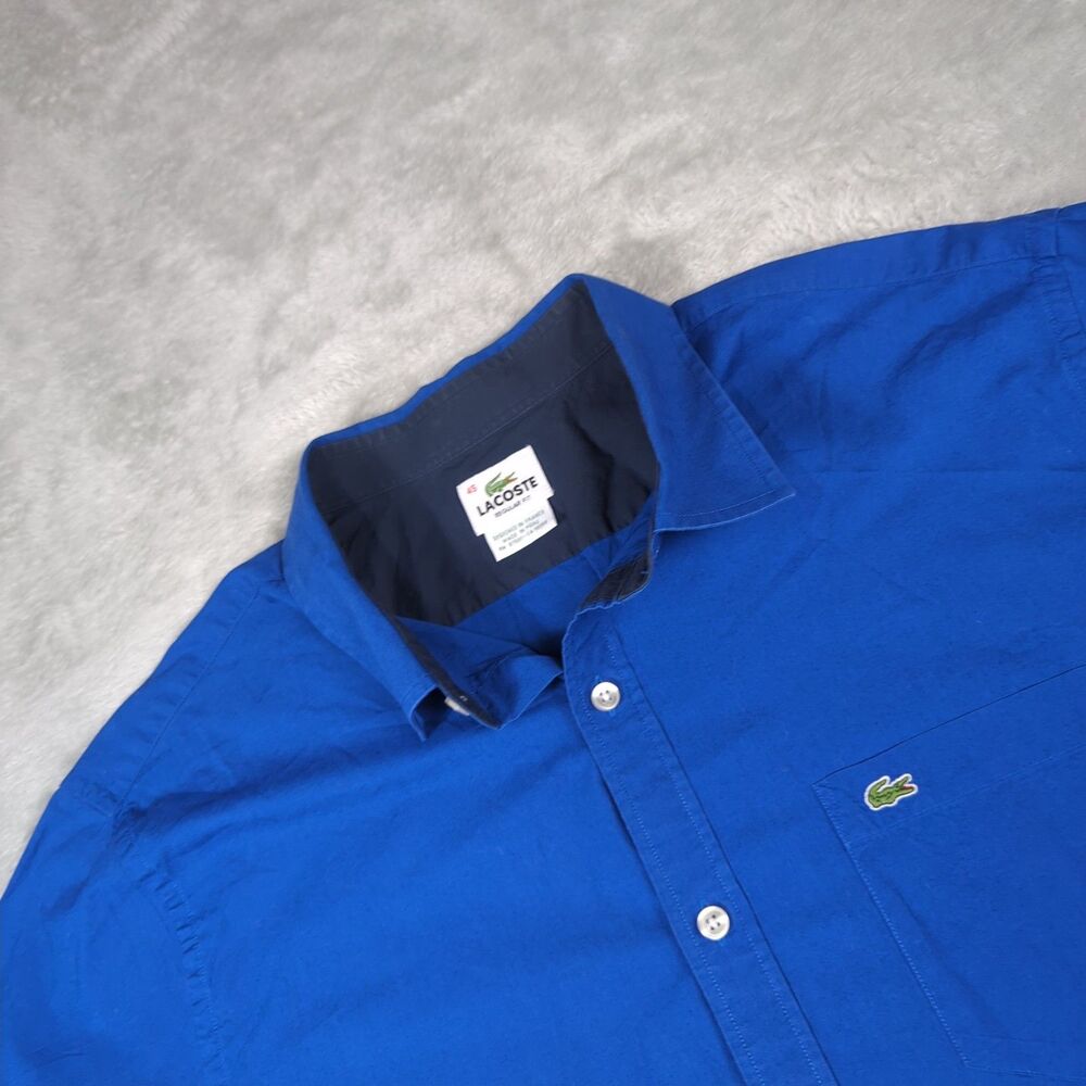 Lacoste Mens 45 2XL Short Sleeve Button Down Shirt Royal Blue Poplin Regular Fit